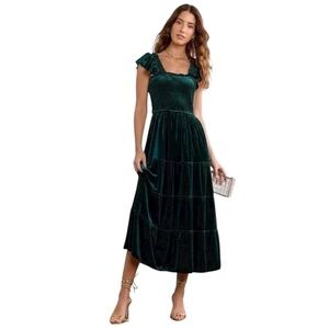 Hill House Home - Velvet Nap Dress Ellie Green Smocked Tiered Midi Sz XS
